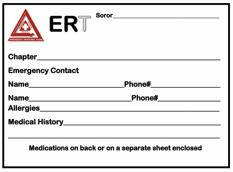 Emergency contact and medical history form with sections for personal and medication details.